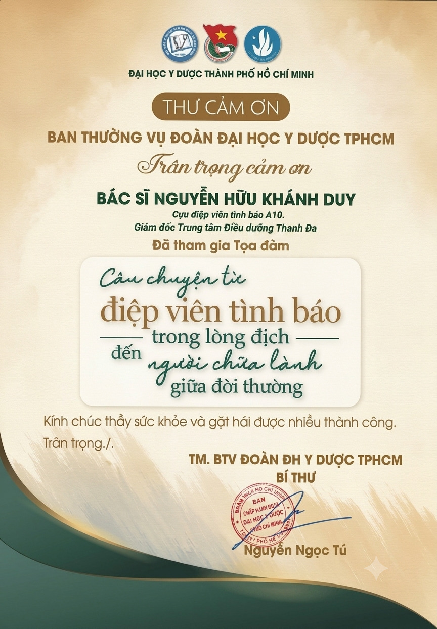 Thư cảm ơn của Đại học Y dược TP.HCM